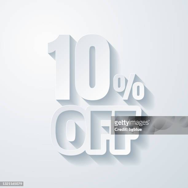 10 prozent rabatt (10% rabatt). icon mit papierschnitteffekt auf leerem hintergrund - 10 off stock-grafiken, -clipart, -cartoons und -symbole