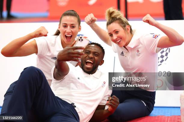 Bianca Walkden, Mahama Cho and Jade Jones of Great Britain pose for a selfie to mark the official announcement of the Taekwondo team selected to Team...