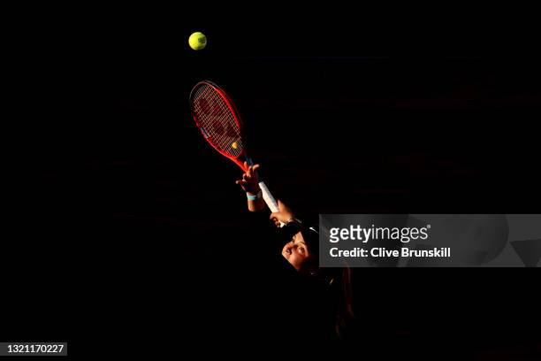 Donna Vekic of Croatia serves in their ladies first round match against Karolina Pliskova of The Czech Republic during day three of the 2021 French...