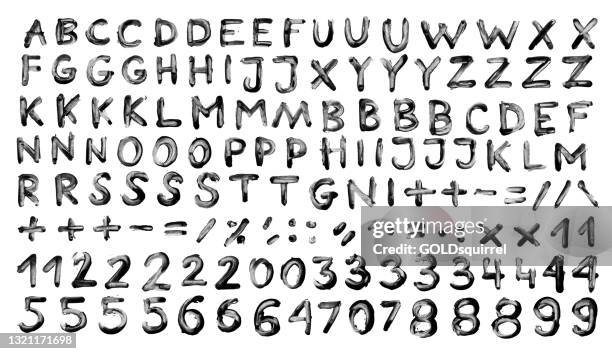 a wide range of uneven dirty hand-painted letters and numbers directly from the tube of black acrylic paint - vector abstract illustration with amazing unique effect of the smeared paint - artistic alphabet isolated on white paper background - letter stock illustrations