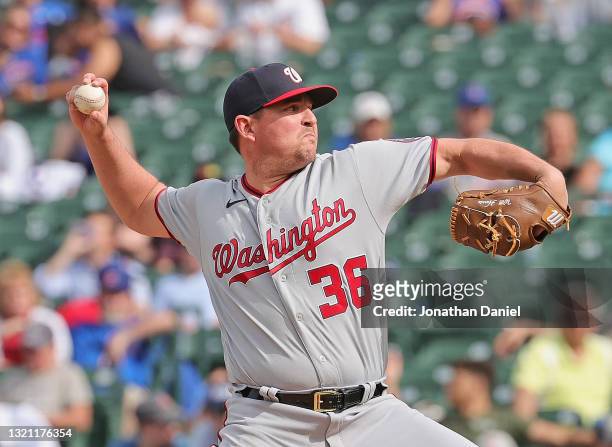 Will Harris of the Washington Nationals pitches against the Chicago Cubs at Wrigley Field on May 20, 2021 in Chicago, Illinois. The Cubs defeated the...