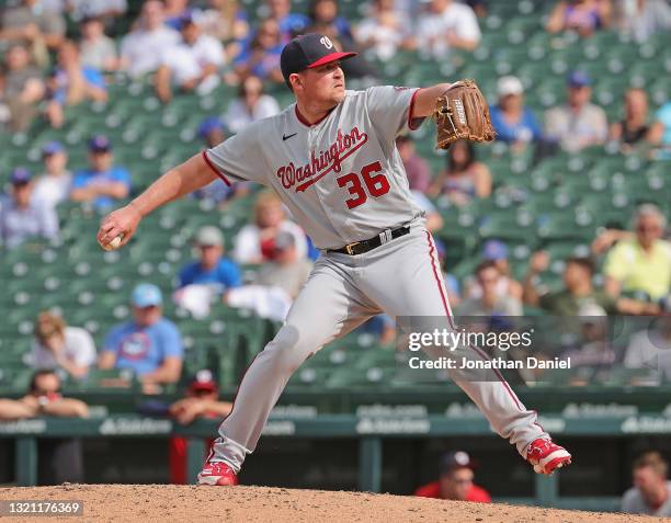 Will Harris of the Washington Nationals pitches against the Chicago Cubs at Wrigley Field on May 20, 2021 in Chicago, Illinois. The Cubs defeated the...