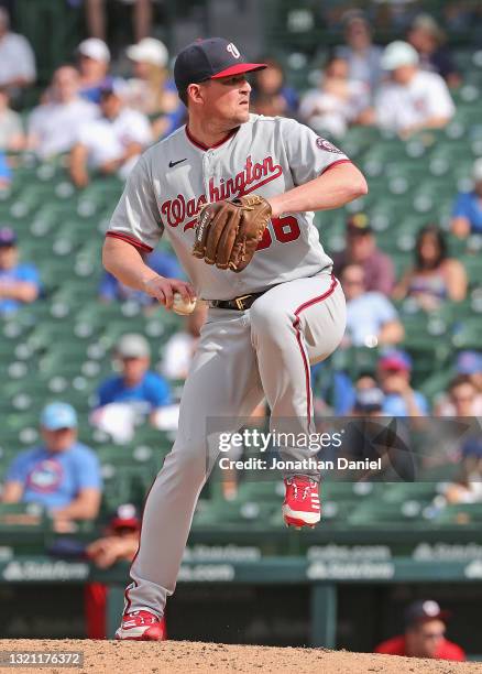 Will Harris of the Washington Nationals pitches against the Chicago Cubs at Wrigley Field on May 20, 2021 in Chicago, Illinois. The Cubs defeated the...