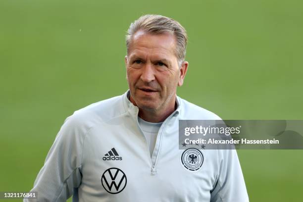 Andreas Köpcke, assistent coach of team Germany looks on during a training session of the German national team at Tivoli Stadion on June 01, 2021 in...