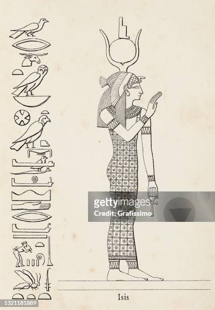 ancient egyptian hieroglyph of major goddess isis - egyptian culture stock illustrations