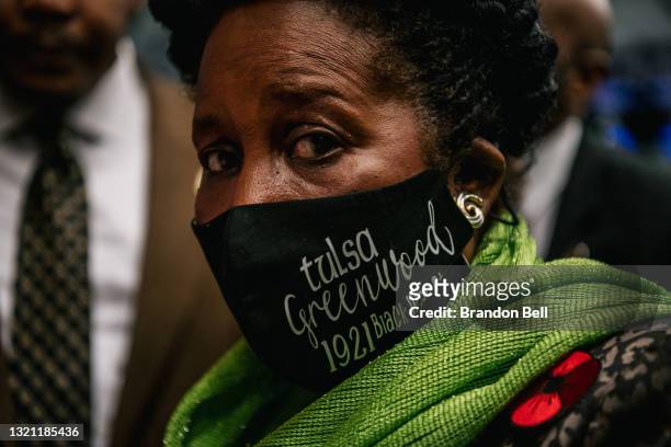 Rep. Shelia Jackson Lee listens at a rally during commemorations of the 100th anniversary of the Tulsa Race Massacre on June 01, 2021 in Tulsa,...