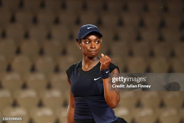 Sloane Stephens of The United States celebrates in their ladies first round match against Carla Suarez Navarro of Spain during day three of the 2021...