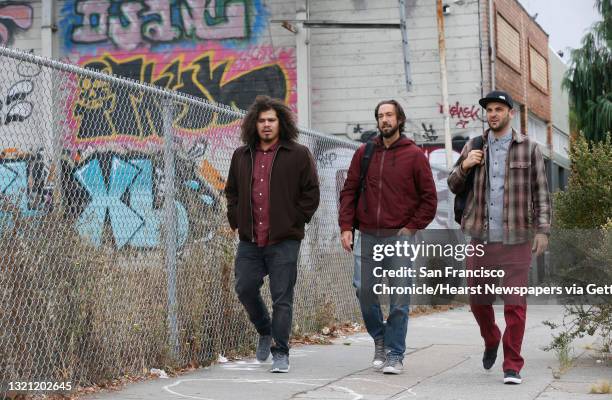 From left, actor Santiago Rosas, director Yvan Iturriaga and executive producer Josh Healey of the webcast comedy series "The North Pole" walk on...