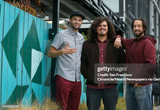 From left, executive producer Josh Healey, actor Santiago Rosas and director Yvan Iturriaga of the webcast comedy series "The North Pole" stop at...