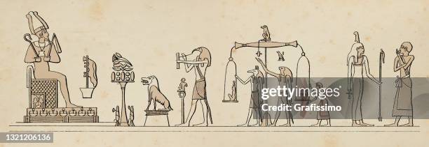 ilustrações de stock, clip art, desenhos animados e ícones de hieroglyphics of the judgement of the dead in the presence of osiris - deus egípcio