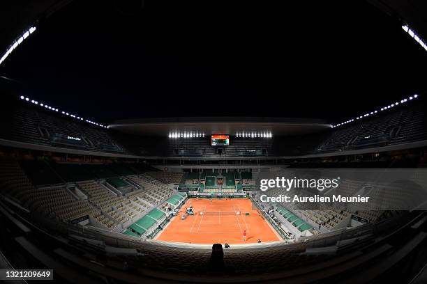 General view of the Philippe Chatrier court during the mens first round match between Novak Djokovic of Serbia and Tennys Sandgren of The United...