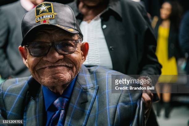 Survivor Hughes Van Ellis smiles for a portrait at a rally during commemorations of the 100th anniversary of the Tulsa Race Massacre on June 01, 2021...