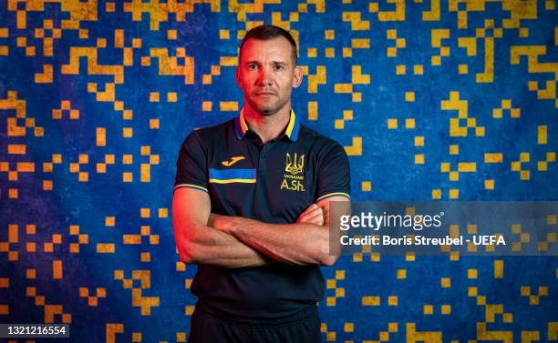 Andriy Shevchenko, Head Coach of Ukraine poses during the official UEFA Euro 2020 media access day on May 31, 2021 in Kharkov, Ukraine.