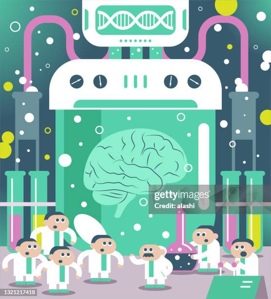 stockillustraties, clipart, cartoons en iconen met wetenschapper (ingenieur, arts, biochemicus) team dat hersenonderzoek in een laboratorium doet - regenerative medicine