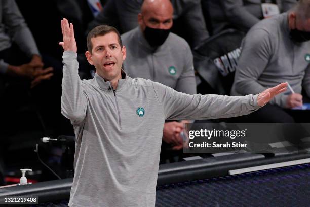 Head coach Brad Stevens of the Boston Celtics directs his team during the first half of Game Five of their Eastern Conference first-round playoff...
