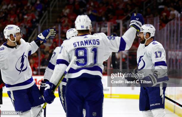 Alex Killorn of the Tampa Bay Lightning celebrates with his team following a goal during the second period in Game Two of the Second Round of the...