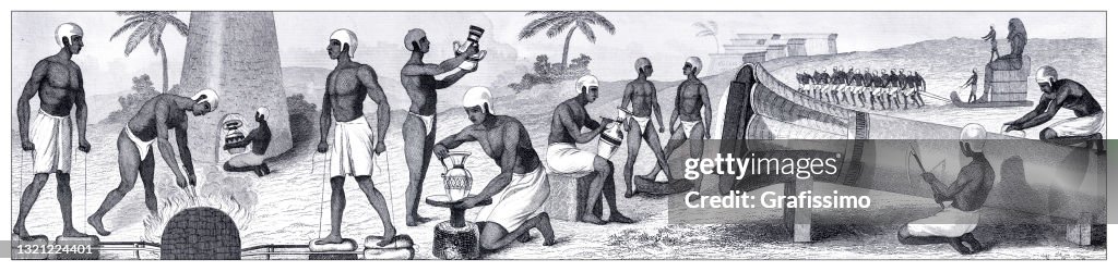 Ancient egyptian workers building pyramid manufacturing pottery