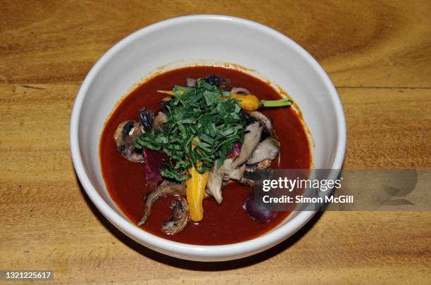 mixed mushrooms, including nanacates, in amarillo/yellow mole sauce with heirloom carrots and beetroot - mole sauce fotografías e imágenes de stock