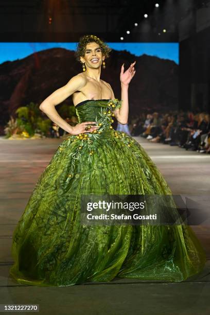 Felicia Foxx walks the runway during the First Nations Fashion + Design show during Afterpay Australian Fashion Week 2021 Resort '22 Collections at...