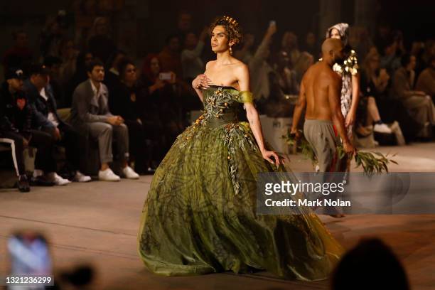 Felicia Foxx walks the runway during the First Nations Fashion + Design show during Afterpay Australian Fashion Week 2021 Resort '22 Collections at...