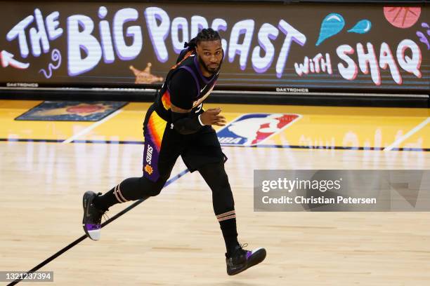 Jae Crowder of the Phoenix Suns reacts to a three-point shot against the Los Angeles Lakers during the first half in Game Five of the Western...