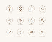Zodiac signs in boho style. Set of astrological icons isolated on white background. Mystery and esoteric. Horoscope logo vector illustration. Spiritual tarot card