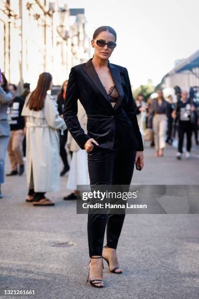 Jodi Anasta wearing Daniel Avakian suit and shoes at Afterpay Australian Fashion Week 2021 on June 02, 2021 in Sydney, Australia.