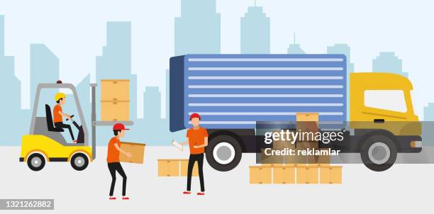 stockillustraties, clipart, cartoons en iconen met logistiek en leveringsdienstconcept. idee van transport en distributie. transport service. partnerschap. geïsoleerde vlakke illustratie - landhuis