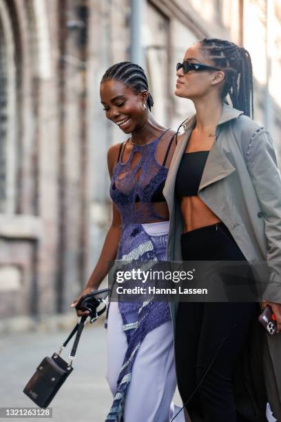 Narah Baptista wearing Dion Lee pants and coat Prada sunglasses and Cynthia Taylu wearing Heliot Emil bag and Cheryl Nesbitt clothes at Afterpay...