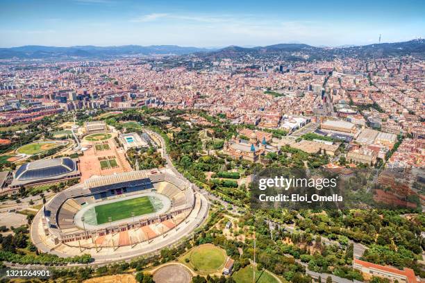 aerial view of montjuic mountain in barcelona - 1992 summer olympics barcelona stock pictures, royalty-free photos & images