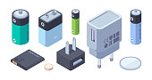 Chargers isometric. Battery power bank portable chargers for plug connection digital gadgets garish vector chargers illustrations