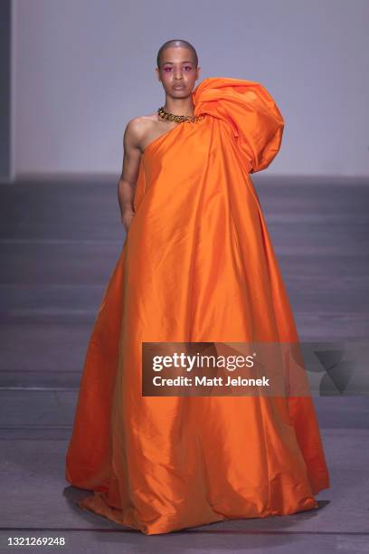 Model walks the runway during the Yousef Akbar show during Afterpay Australian Fashion Week 2021 Resort '22 Collections at Carriageworks on June 2,...