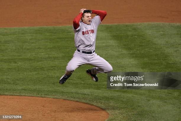 Jonathan Papelbon of the Boston Red Sox celebrates after getting the final out of Game Four of the 2007 MLB World Series against the Colorado Rockies...