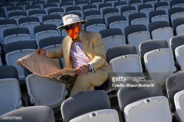Member is seen wearing a protective mask inside the ground prior to Day 1 of the First LV= Insurance Test Match between England and New Zealand at...