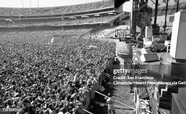 The Oakland Coliseum between sets, before headliner Peter Frampton appeared at Day on the Green in 1976.