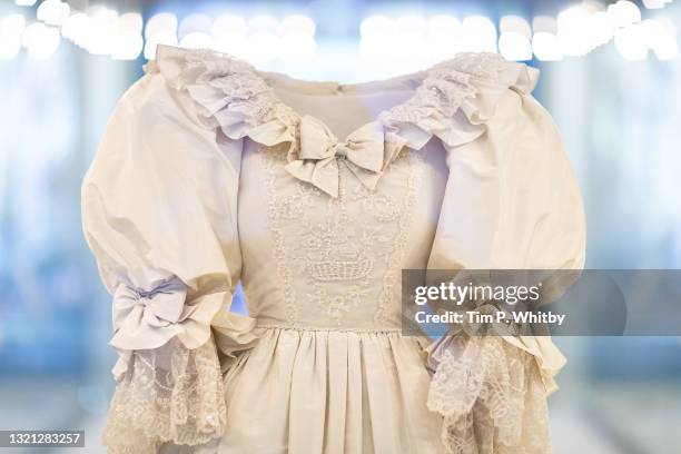 Detail of Diana, Princess of Wales’s wedding dress displayed complete with its spectacular sequin encrusted train during the "Royal Style In The...