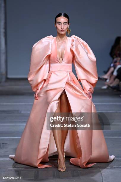 Model walks the runway during the Mariam Seddiq show during Afterpay Australian Fashion Week 2021 Resort '22 Collections at Carriageworks on June 02,...