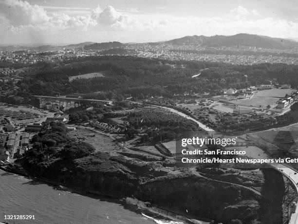 The Presidio and Crissy Field as seen from the top of the Golden Gate Bridge Tower, December 1948