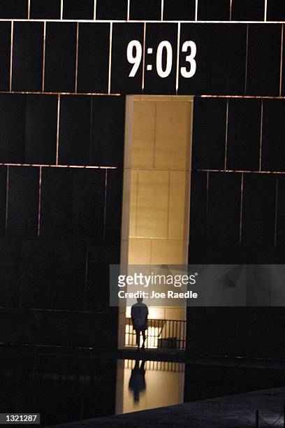 The time that the 1995 Oklahoma City bomb ended its destruction is illuminated at the Oklahoma National Memorial June 11, 2001 in Oklahoma City,...
