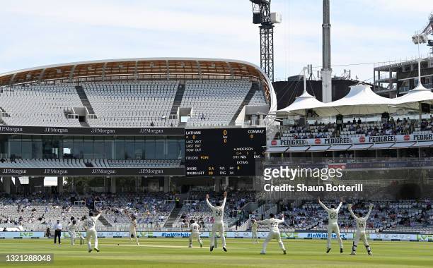 General view as James Anderson of England appeals unsuccessfully for the wicket of Tom Latham of New Zealand during Day 1 of the First LV= Insurance...