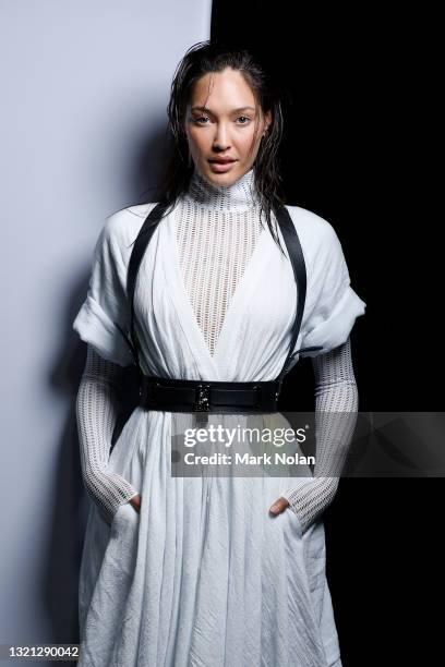 Model poses backstage ahead of the KITX show during Afterpay Australian Fashion Week 2021 Resort '22 Collections at Carriageworks on June 02, 2021 in...