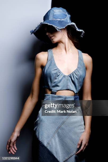 Model poses backstage ahead of the KITX show during Afterpay Australian Fashion Week 2021 Resort '22 Collections at Carriageworks on June 02, 2021 in...