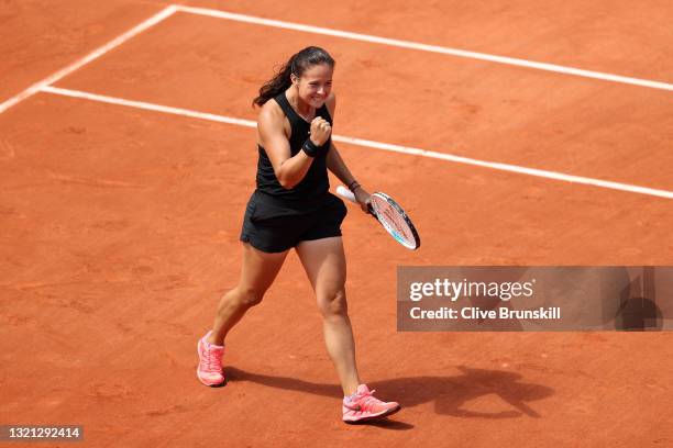 Daria Kasatkina of Russia celebrates winning match point during her women's second round match against Belinda Bencic of Switzerland during day four...