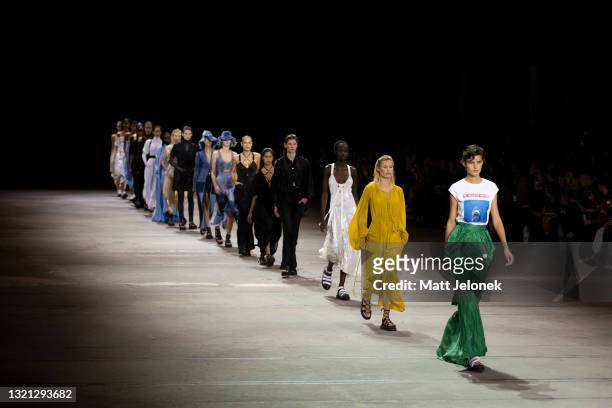 Models walk the runway during the KITX show during Afterpay Australian Fashion Week 2021 Resort '22 Collections at Carriageworks on June 2, 2021 in...