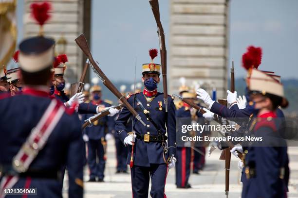 Palace sentries participate in a solemn changing of the Royal Guard, on 2 June, 2021 at the Royal Palace of Madrid, Madrid, Spain. This changing of...