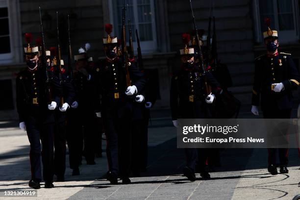 Palace sentries participate in a solemn changing of the Royal Guard, on 2 June, 2021 at the Royal Palace of Madrid, Madrid, Spain. This changing of...