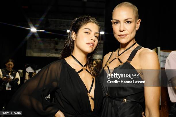 Mimi Elashiry and Leah Simmon prepare backstage ahead of the KITX show during Afterpay Australian Fashion Week 2021 Resort '22 Collections at...