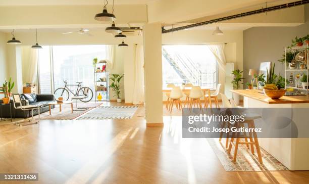 loft industrial style. wide only one open space shot. 2 big windows. open-plan kitchen nordic scandinavian style - living room wallpaper - fotografias e filmes do acervo