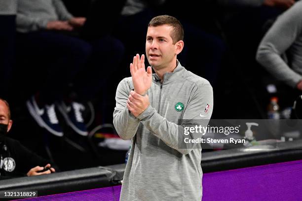 Head coach Brad Stevens of the Boston Celtics reacts against the Brooklyn Nets in Game Five of the First Round of the 2021 NBA Playoffs at Barclays...