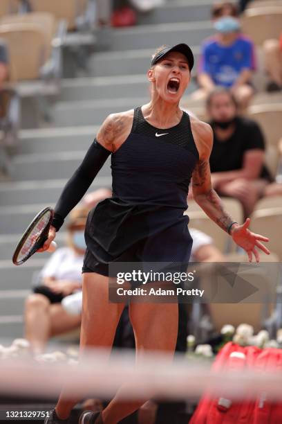 Polona Hercog of Slovenia celebrates after winning her women's second round match against Caroline Garcia of France during day four of the 2021...